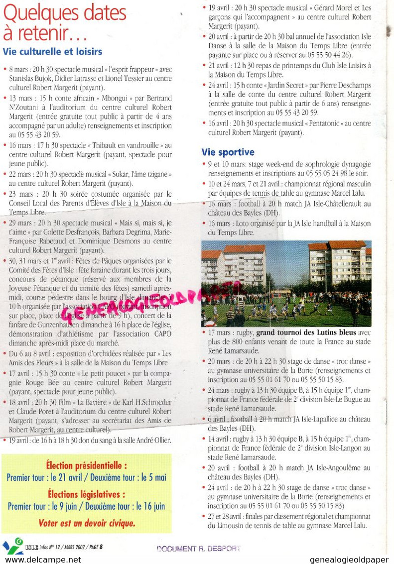 87 - ISLE -BULLETIN INFOS- N°12- MARS 2002- MARCEL FAUCHER MAIRE-DORIANE VIDAL-J.O. SALT LAKE CITY-