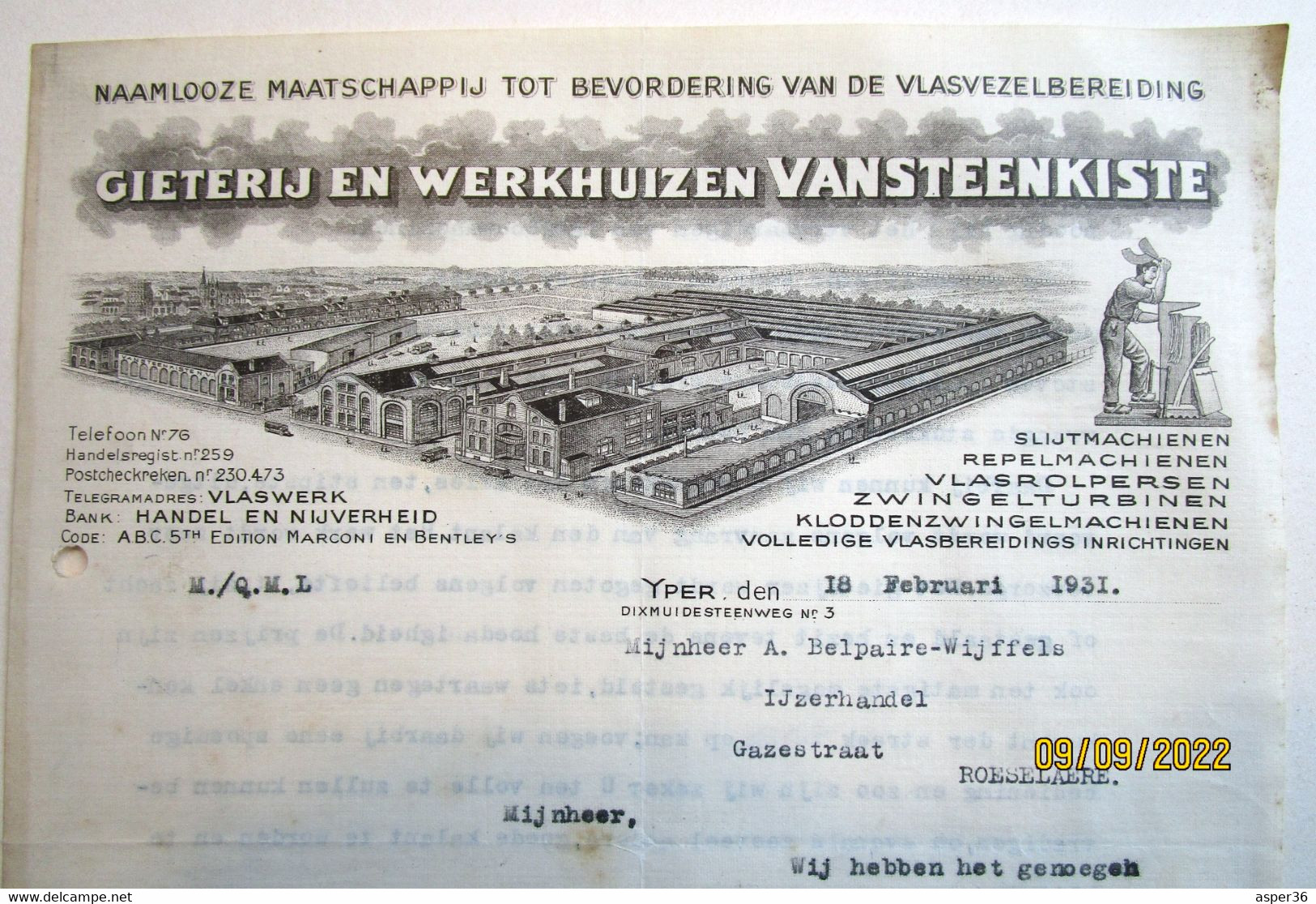 Gieterij En Werkhuizen Vansteenkiste, Dixmuidesteenweg, Yper Ieper 1931 - 1900 – 1949