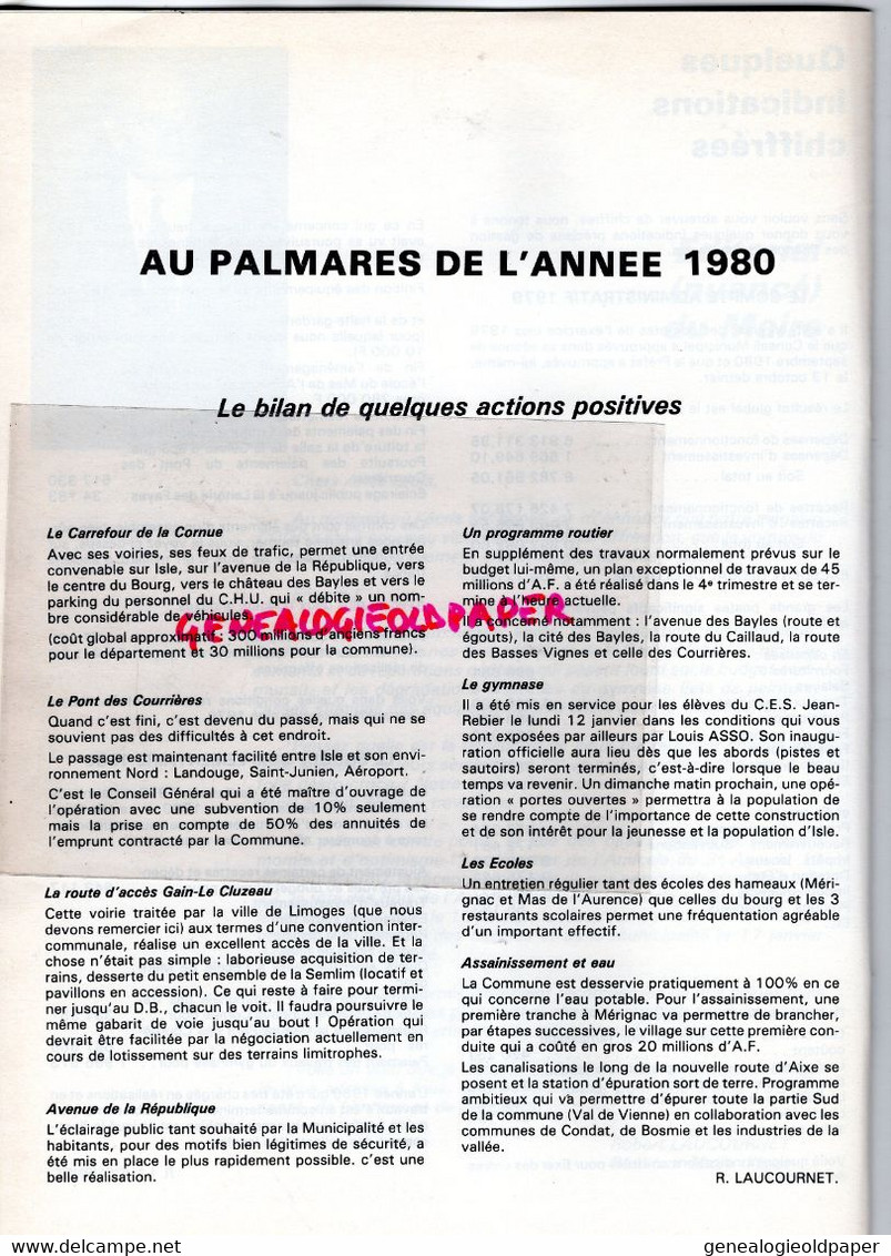 87 - ISLE -BULLETIN MUNICIPAL N° 9- FEVRIER 1981- LAUCOURNET-GYMNASE-AMICALE 3 AGE-BLANCHARD-VOYAGE PARIS-VOLLEY-FNACA- - Historical Documents