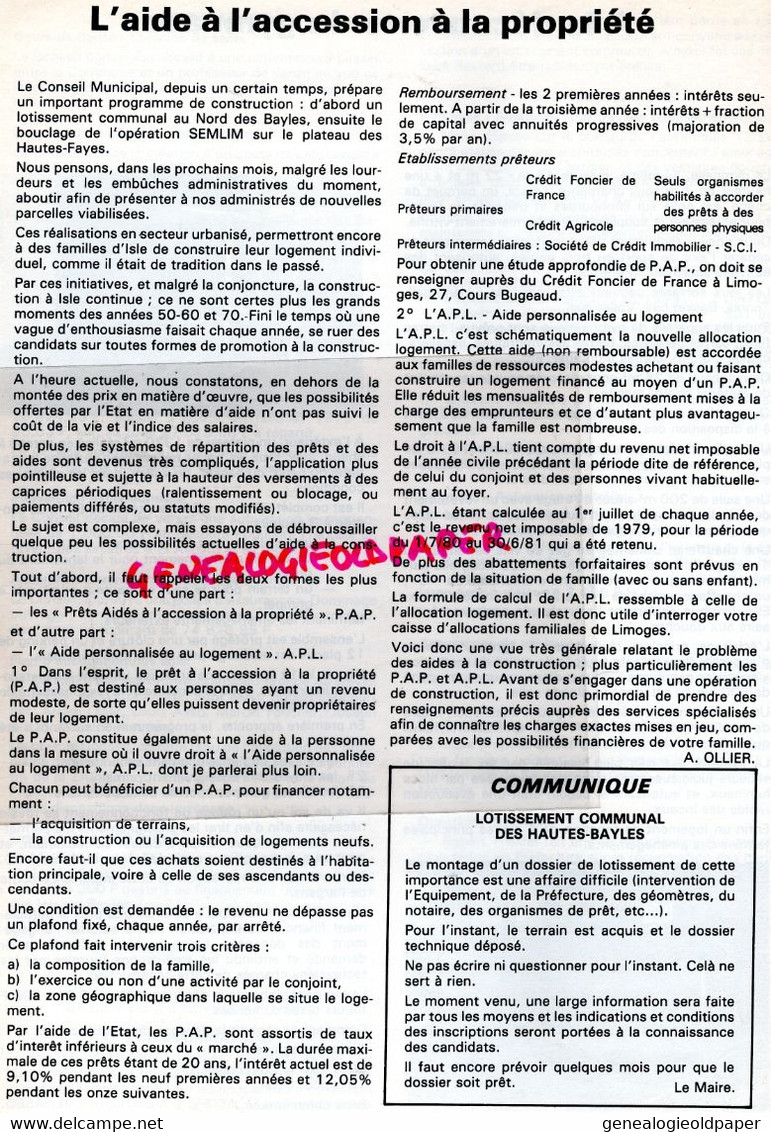 87 - ISLE -BULLETIN MUNICIPAL N° 9- FEVRIER 1981- LAUCOURNET-GYMNASE-AMICALE 3 AGE-BLANCHARD-VOYAGE PARIS-VOLLEY-FNACA-