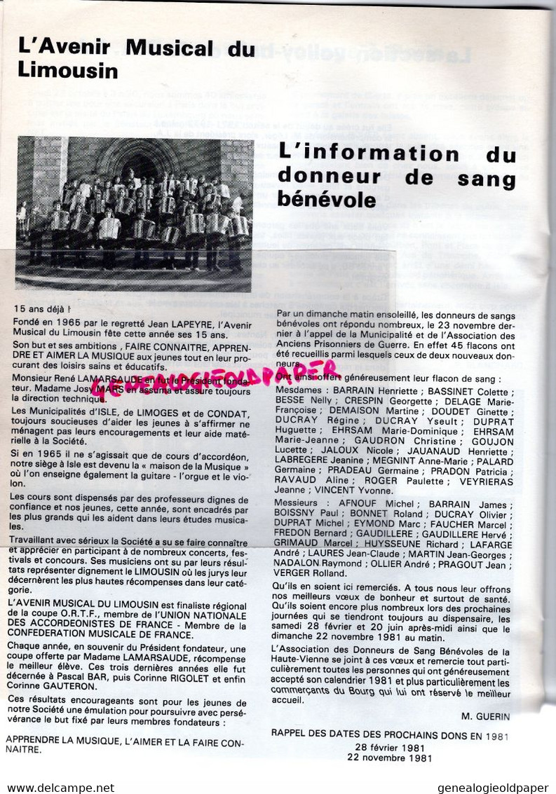 87 - ISLE -BULLETIN MUNICIPAL N° 9- FEVRIER 1981- LAUCOURNET-GYMNASE-AMICALE 3 AGE-BLANCHARD-VOYAGE PARIS-VOLLEY-FNACA-