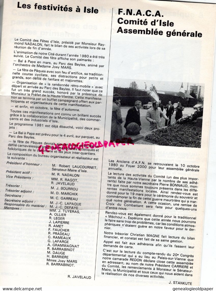 87 - ISLE -BULLETIN MUNICIPAL N° 9- FEVRIER 1981- LAUCOURNET-GYMNASE-AMICALE 3 AGE-BLANCHARD-VOYAGE PARIS-VOLLEY-FNACA-