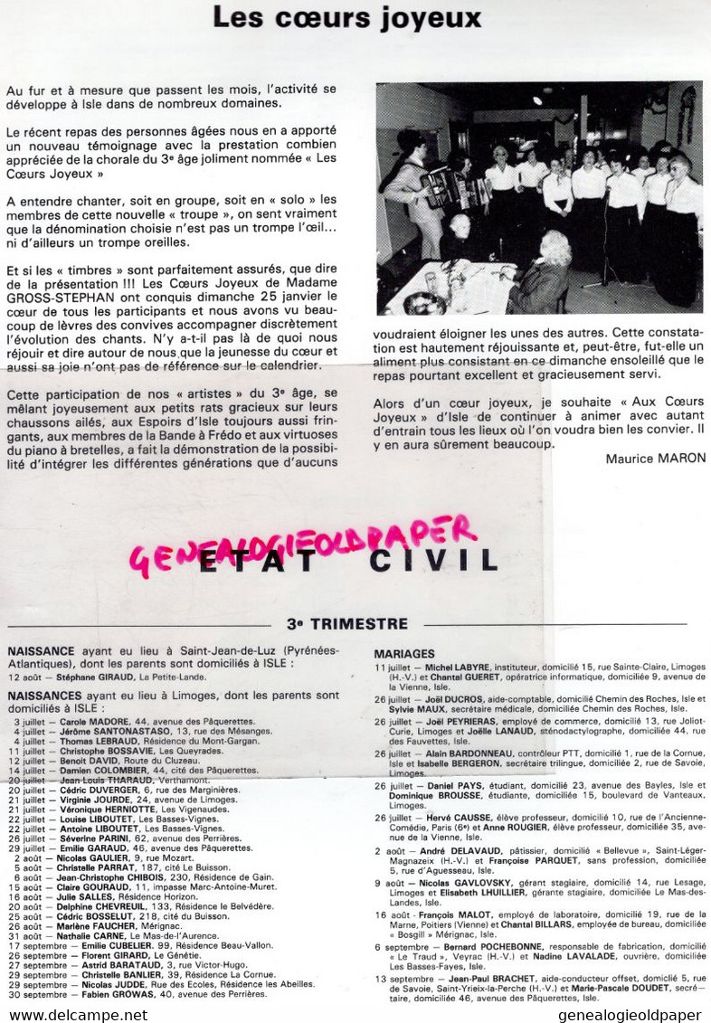 87 - ISLE -BULLETIN MUNICIPAL N° 9- FEVRIER 1981- LAUCOURNET-GYMNASE-AMICALE 3 AGE-BLANCHARD-VOYAGE PARIS-VOLLEY-FNACA-