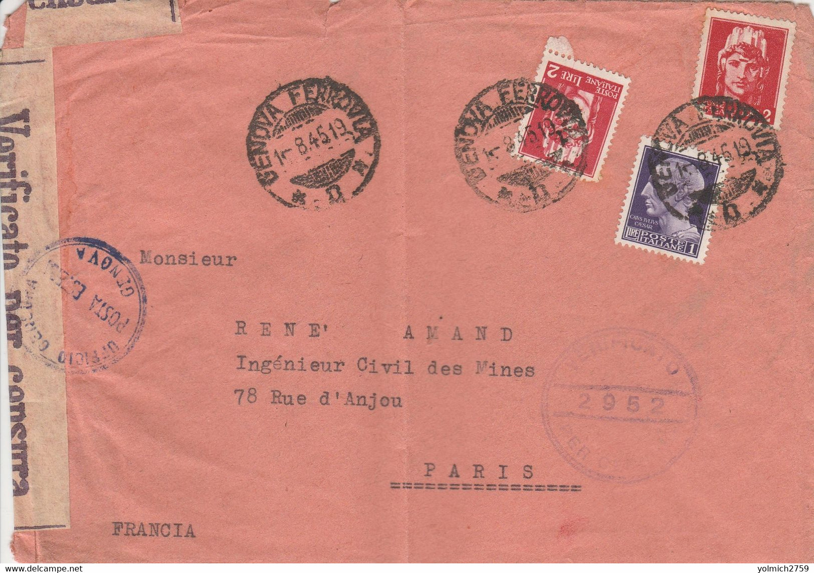 Lettre De,GENOVA  (GENES) ITALIE  Pour PARIS Avec Censure Italienne - 8.1945 - Guerra Del 1939-45