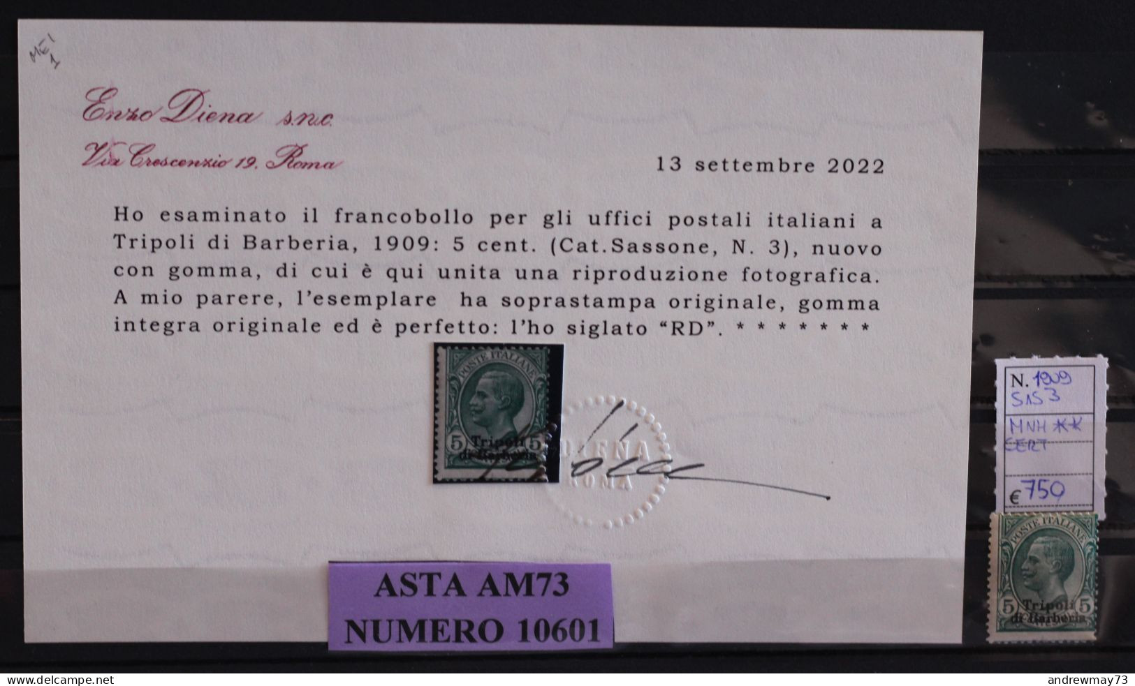 ITALIAN COLONIES-TRIPOLI DI BARBERIA - NICE MNH CERTIFIED STAMP (DIENA) - Other & Unclassified