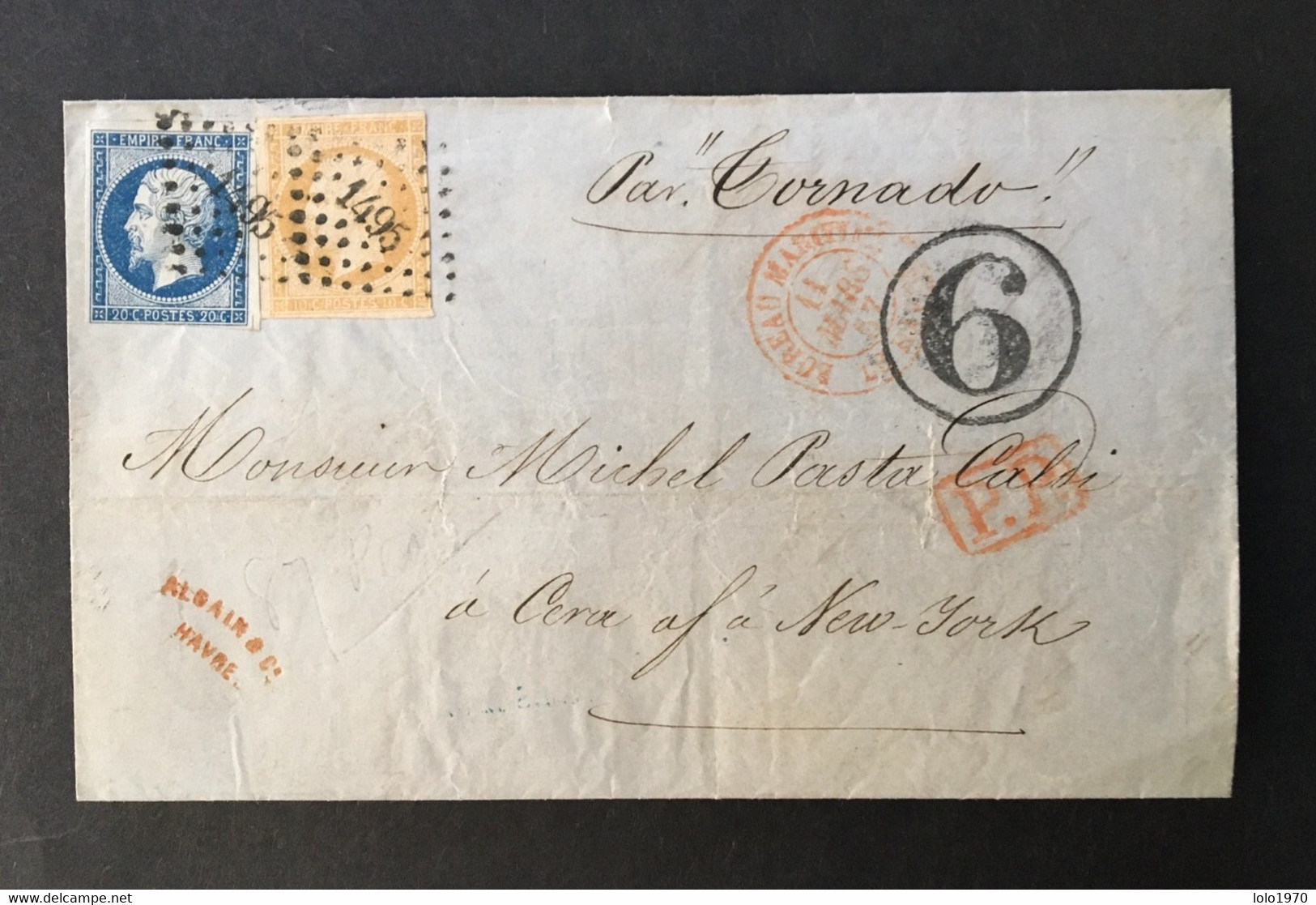 Napoléon III YT13 YT14 Lettre De Mars 1857 Taxée Du Havre Pour New York (USA) Acheminée Par Vapeur Le Tornado - 1849-1876: Classic Period