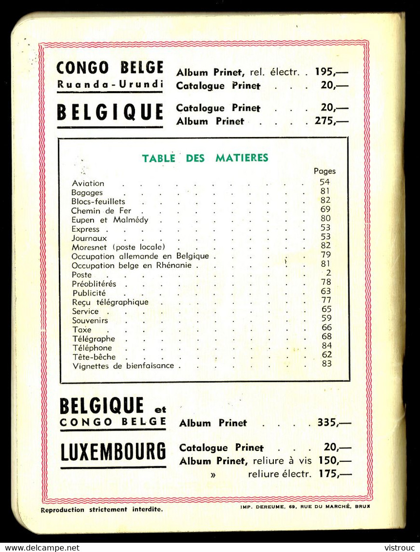 Catalogue PRINET De Timbres-postes Belges - Edition FR - 1954 - Table Des Matières En Scan 2. - Belgien