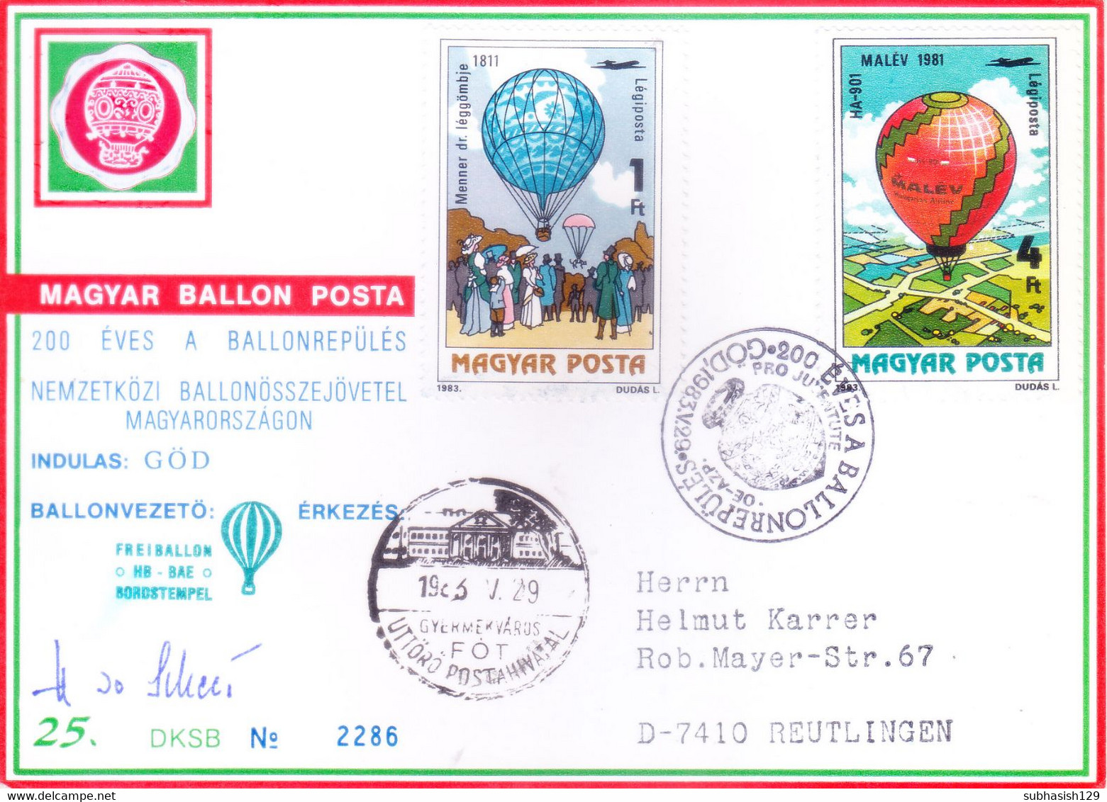 HUNGARY : BALLOON MAIL : YEAR 1983 : SIGNATURE OF PILOT - Covers & Documents