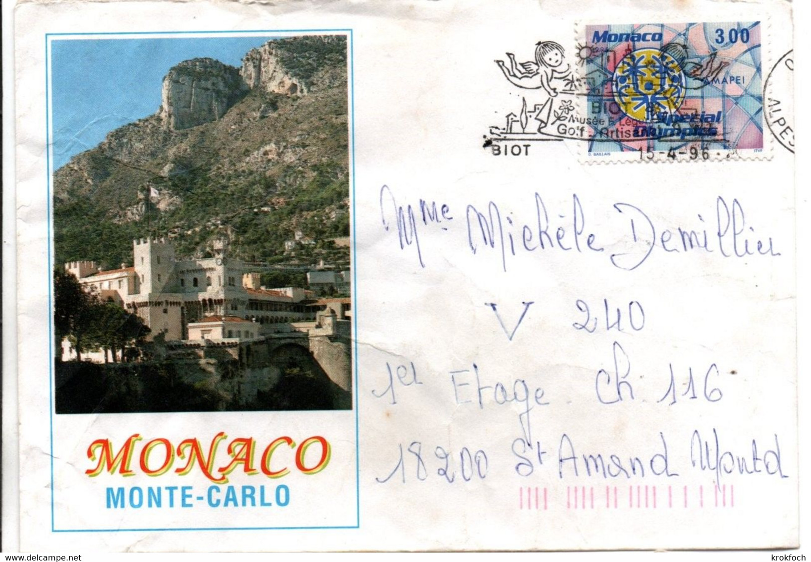 Timbre Monaco Oblitéré En France 06 - Biot 1996 - Lettre - Brieven En Documenten