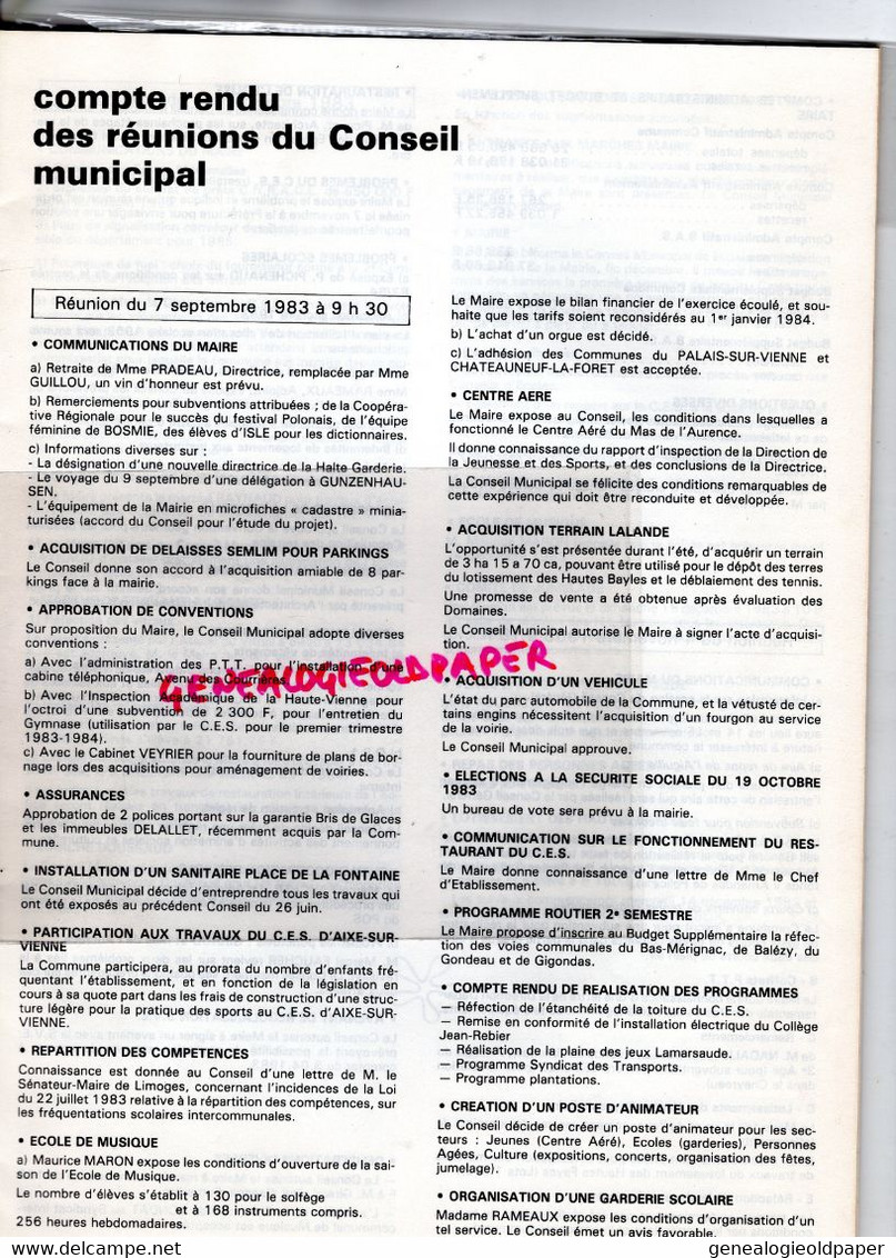 87 -ISLE -BULLETIN MUNICIPAL N° 15- JANVIER 1984-LAUCOURNET-BAYLES-GUNZENHAUSEN-MAS DE L' AURENCE-MUSIQUE-ESPOIRS-TENNIS