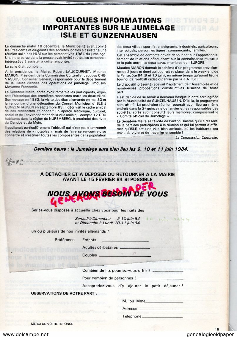 87 -ISLE -BULLETIN MUNICIPAL N° 15- JANVIER 1984-LAUCOURNET-BAYLES-GUNZENHAUSEN-MAS DE L' AURENCE-MUSIQUE-ESPOIRS-TENNIS