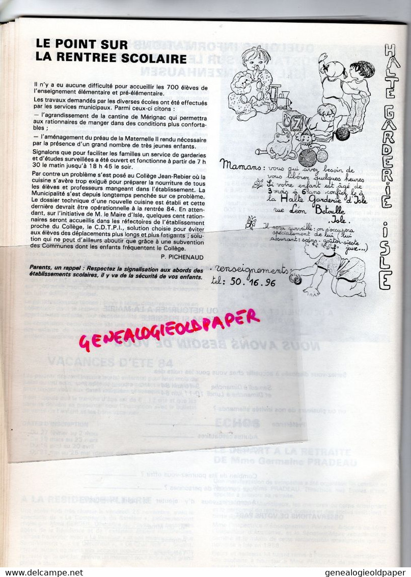 87 -ISLE -BULLETIN MUNICIPAL N° 15- JANVIER 1984-LAUCOURNET-BAYLES-GUNZENHAUSEN-MAS DE L' AURENCE-MUSIQUE-ESPOIRS-TENNIS