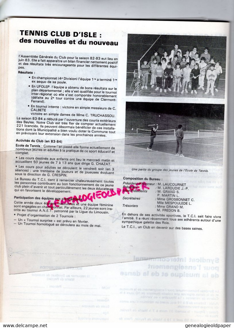 87 -ISLE -BULLETIN MUNICIPAL N° 15- JANVIER 1984-LAUCOURNET-BAYLES-GUNZENHAUSEN-MAS DE L' AURENCE-MUSIQUE-ESPOIRS-TENNIS