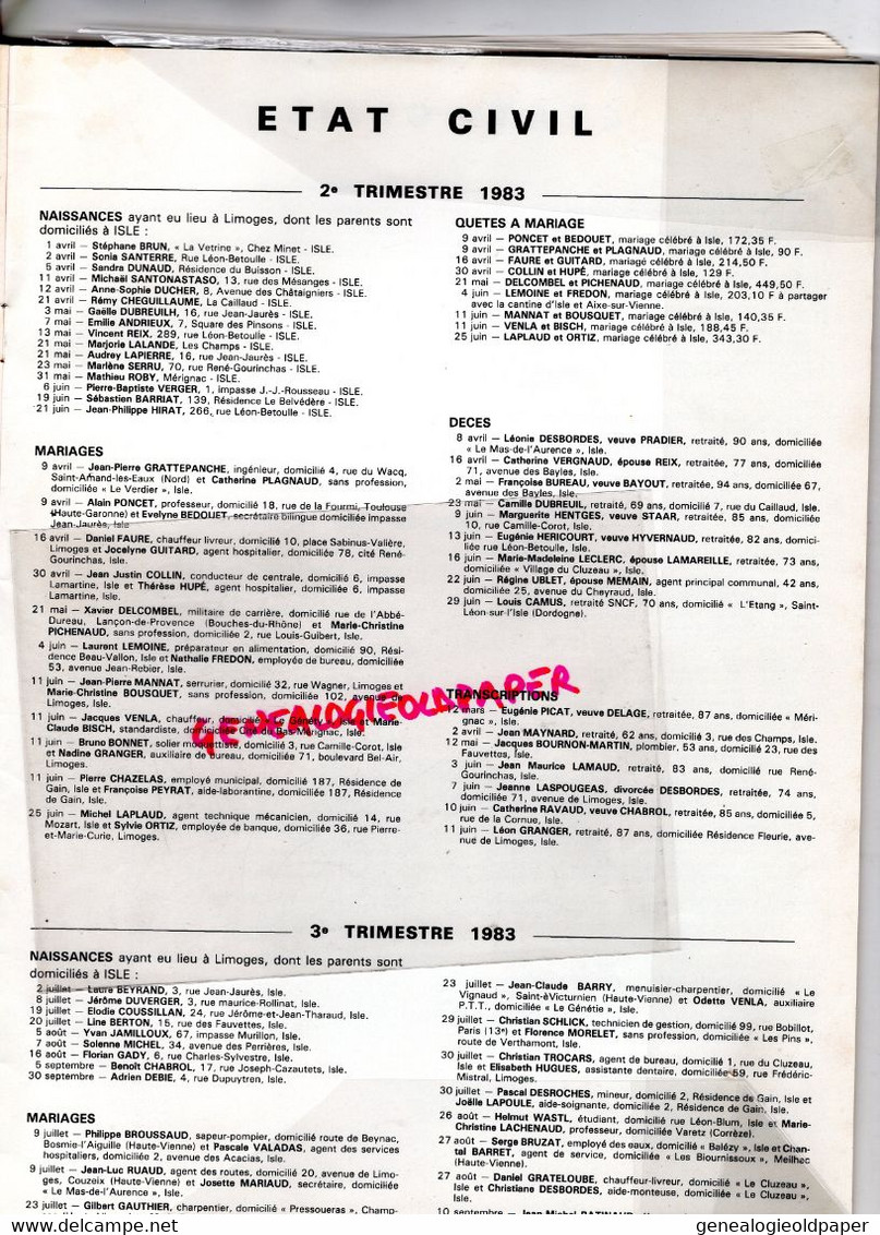 87 -ISLE -BULLETIN MUNICIPAL N° 15- JANVIER 1984-LAUCOURNET-BAYLES-GUNZENHAUSEN-MAS DE L' AURENCE-MUSIQUE-ESPOIRS-TENNIS