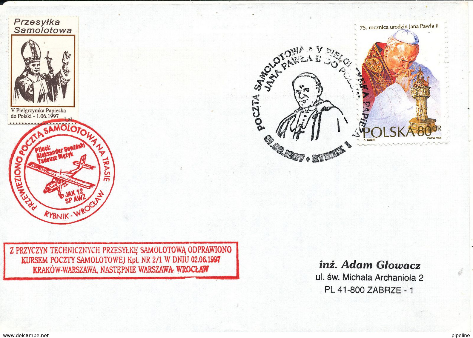 Poland Cover With POPE Stamp, POPE Seal And Special Postmark 1-6-1997 Flight Cover??? - Covers & Documents