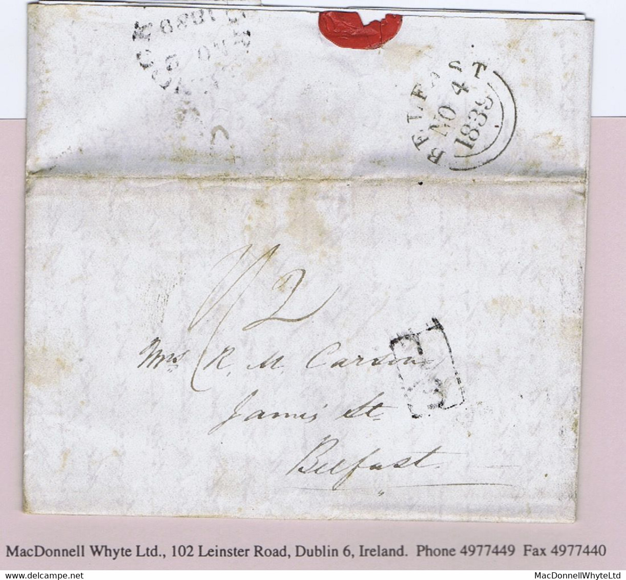 Ireland Belfast Scots Additional Halfpenny 1839 Letter GREENOCK NO 2 1839 To Belfast With Boxed "½" On Face - Prephilately