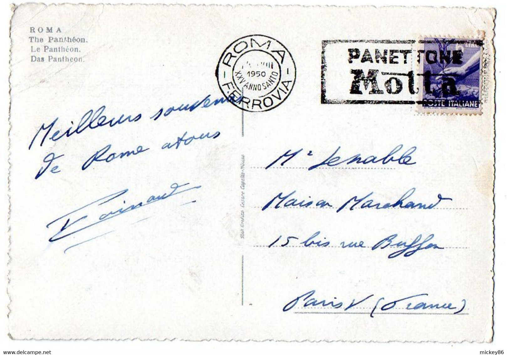 Italie--ROME--1950--Le Panthéon (voitures)...timbre..beau Cachet 25°anno Santo " Panettone Motta................à Saisir - Pantheon