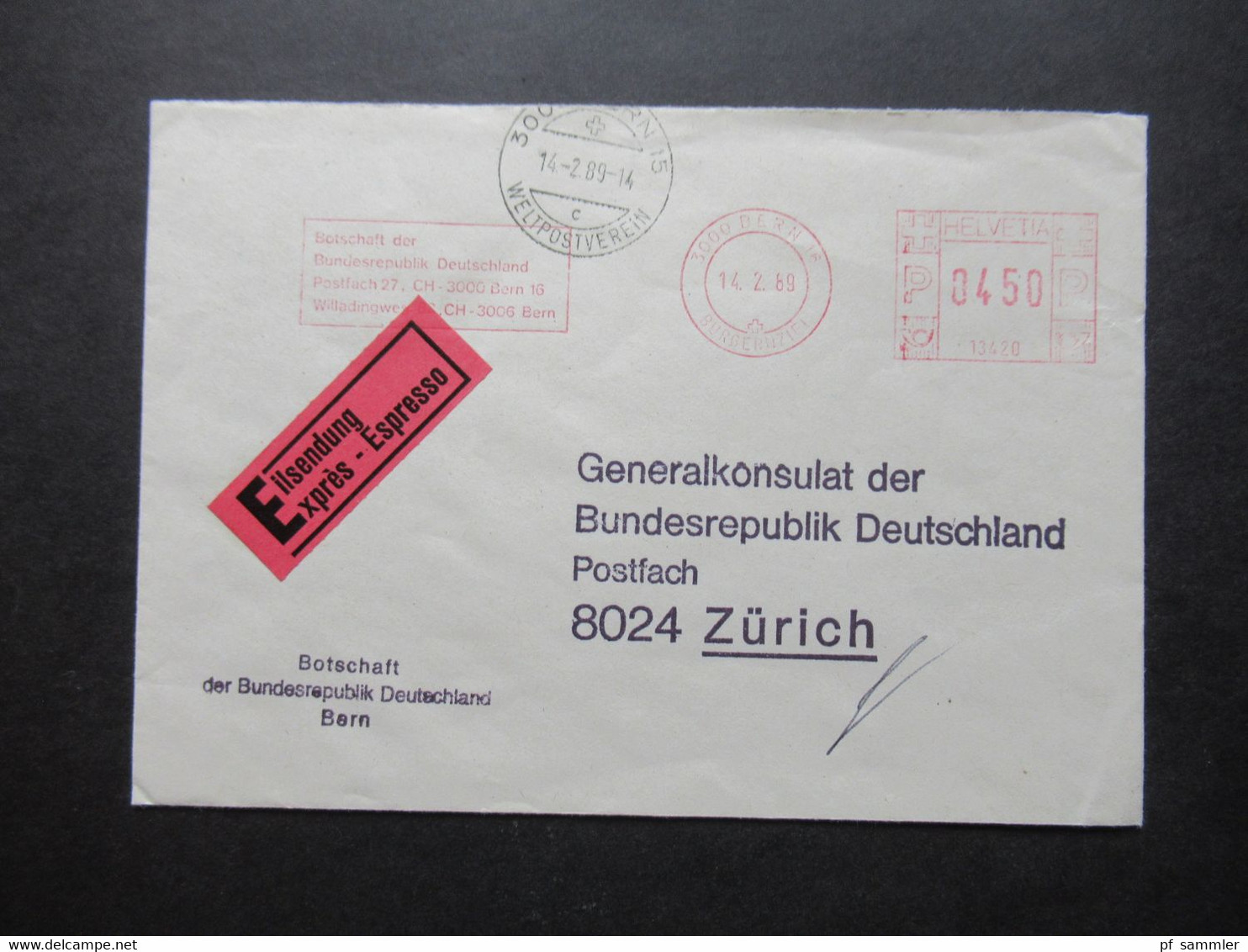 Schweiz 1989 Freistempel Botschaft Der BRD Berin An Das Generalkonsulat Der BRD In Zürich Mit Einigen Stempeln!! - Covers & Documents