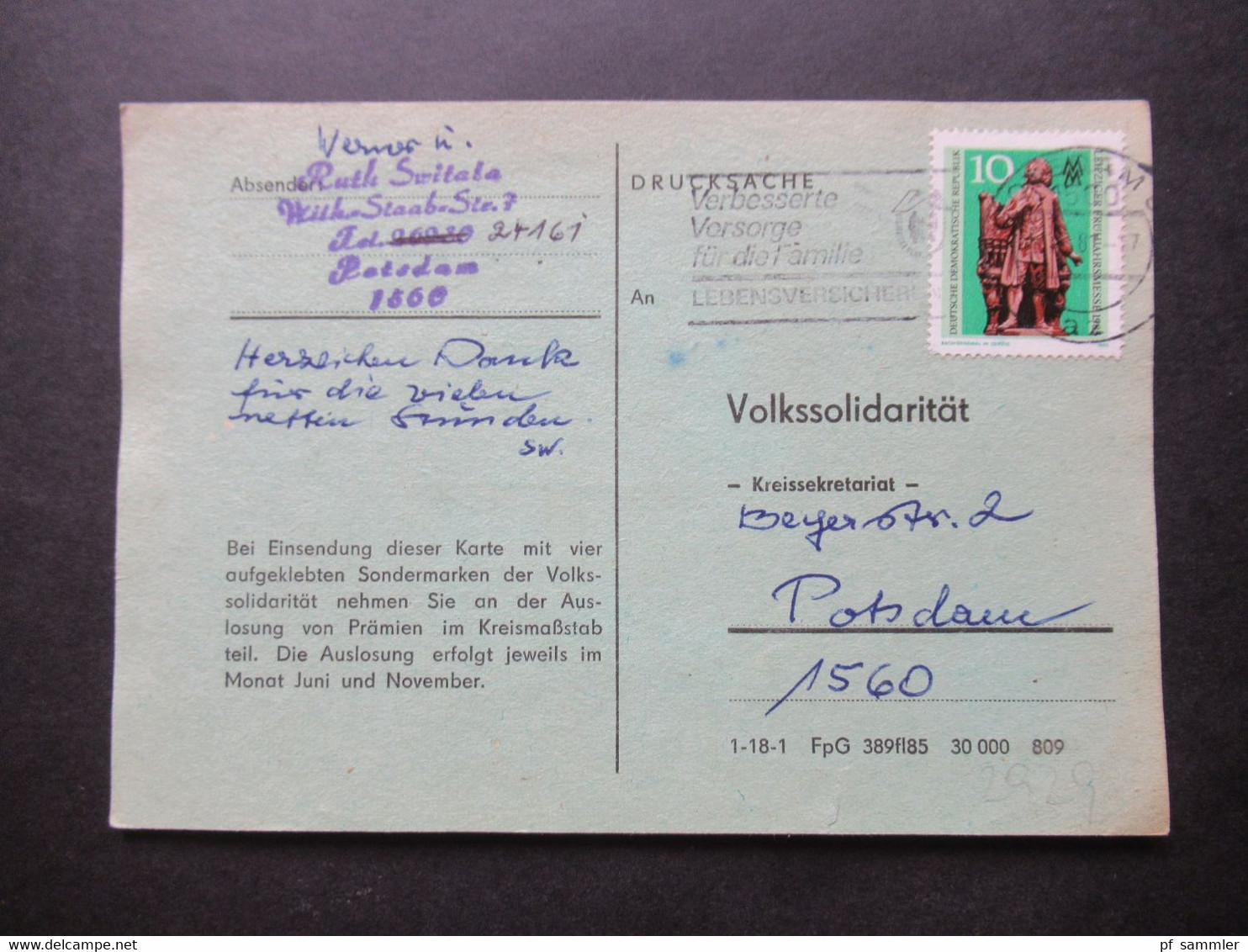 DDR 1885 Nr.2929 EF 2x PK Drucksache Gedruckte Karte Volkssolidarität Kreissekretariat Potsdam - Covers & Documents