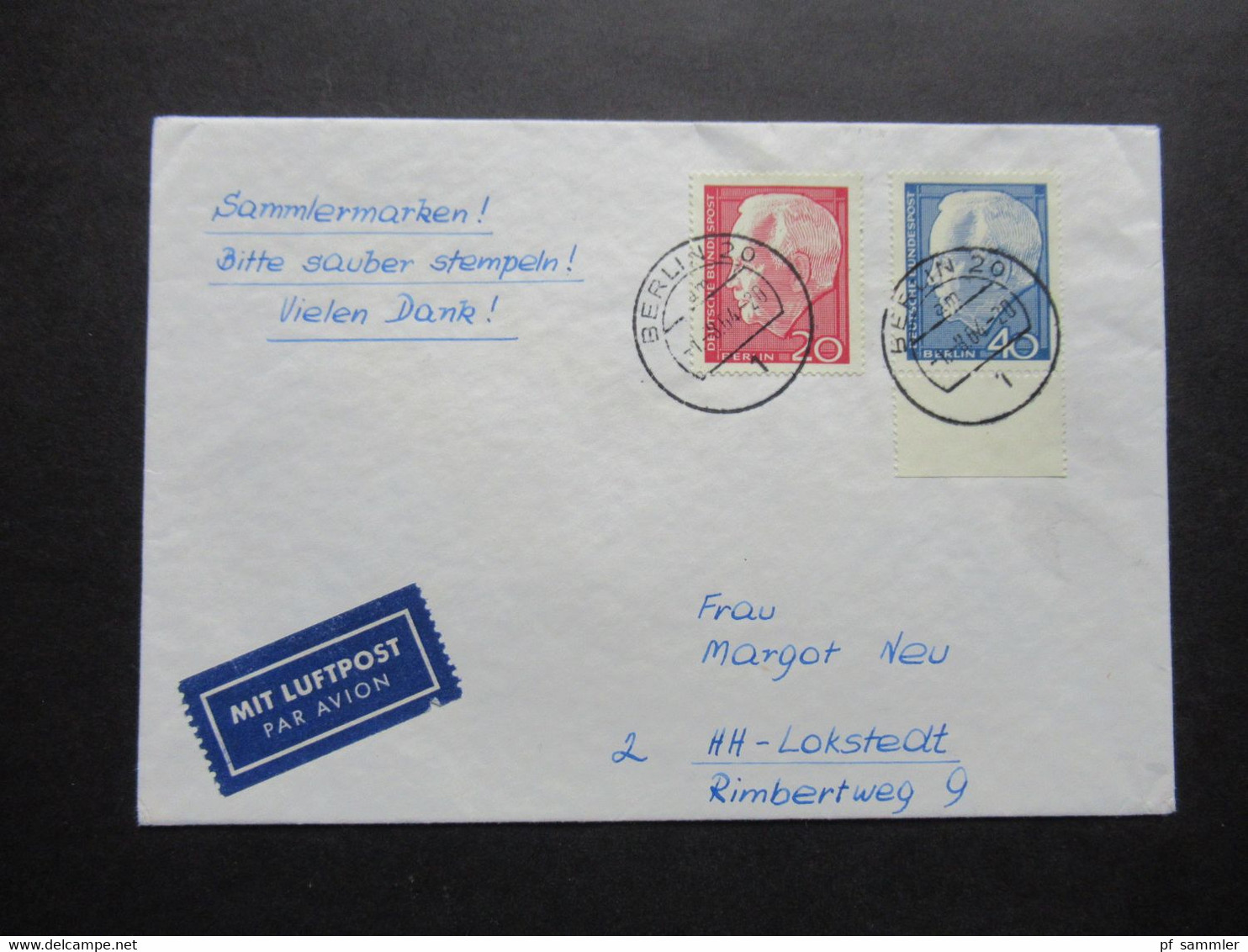 Berlin (West) Heinrich Lübke Nr.234 / 235 Satzbrief Tagesstempel Berlin 20 Nach Hamburg Mit Luftpost - Cartas & Documentos