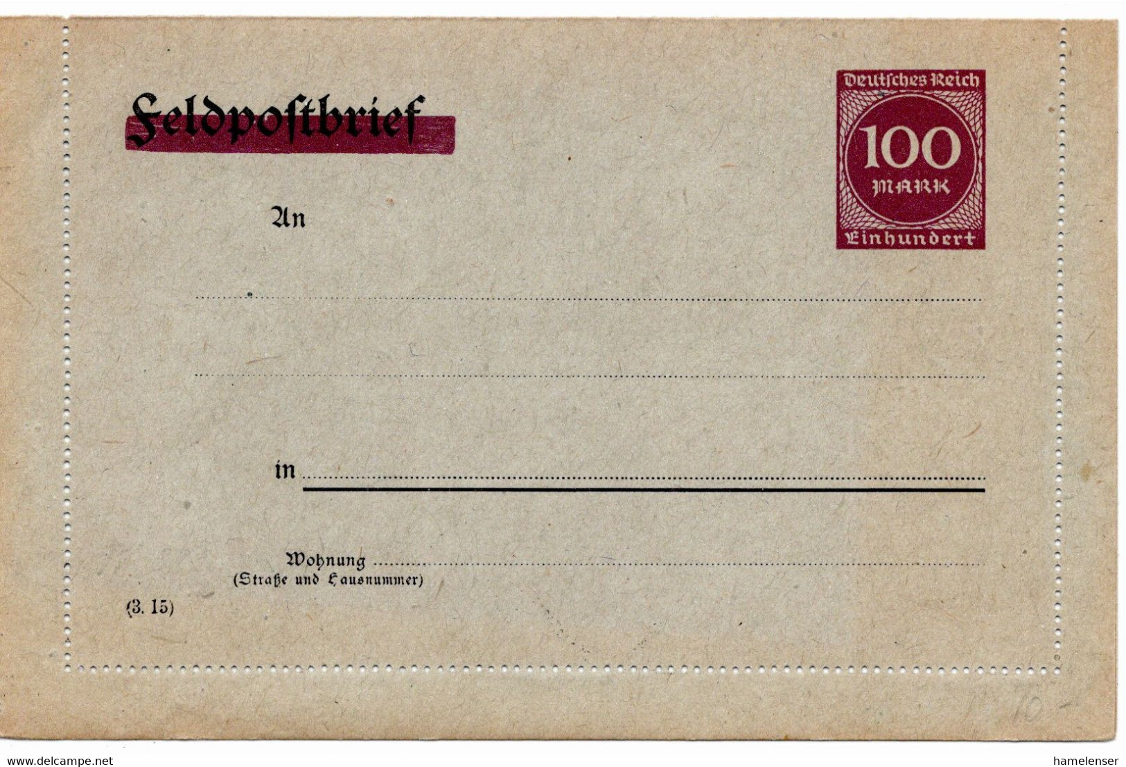 54626 - Deutsches Reich - 1923 - 100M Ziffer PGAKtenBf A Feldpost-Kartenbrief-Vordruck, Ungebraucht - Brieven En Documenten