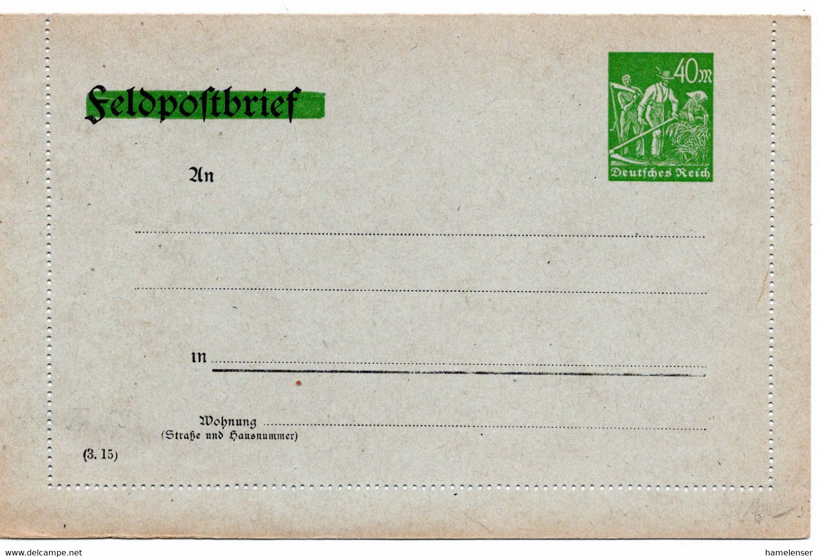 54631 - Deutsches Reich - 1923 - 40M Schnitter PGAKtenBf A Feldpost-Kartenbrief-Vordruck, Ungebraucht - Brieven En Documenten