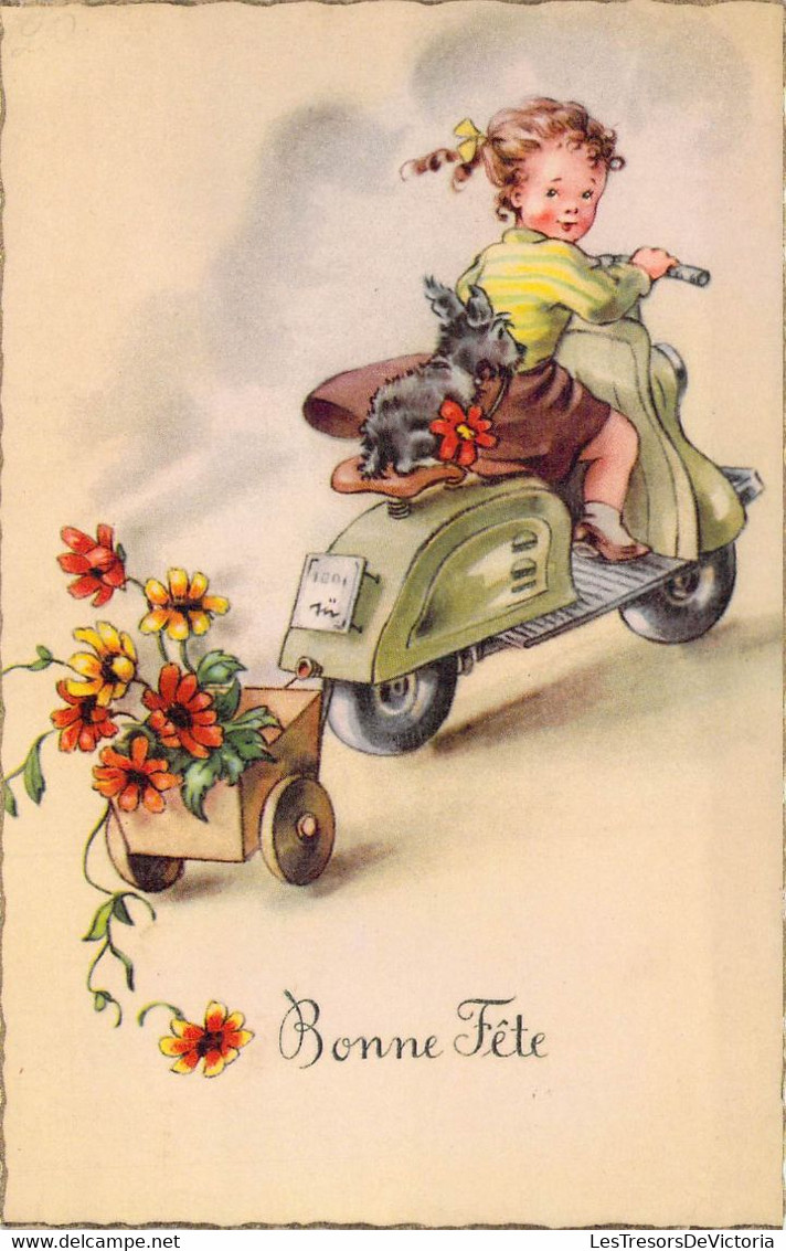 CPA - FETE VOEUX - Illustration Petite Fille Sur Un Scooter Et Son Chien Tire Une Charette Remplie De Fleur - 5951 - Other & Unclassified