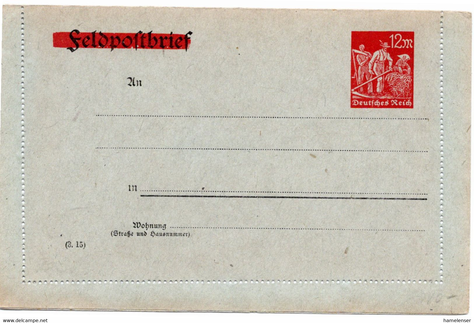 54633 - Deutsches Reich - 1922 - 12M Schnitter PGAKtenBf A Feldpost-Kartenbrief-Vordruck, Ungebraucht - Briefe U. Dokumente