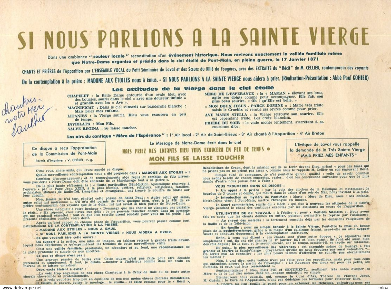 Disque 33 T Si Nous Parlions à La Sainte-Vierge Un Soir à PONT-MAIN - Gospel & Religiöser Gesang