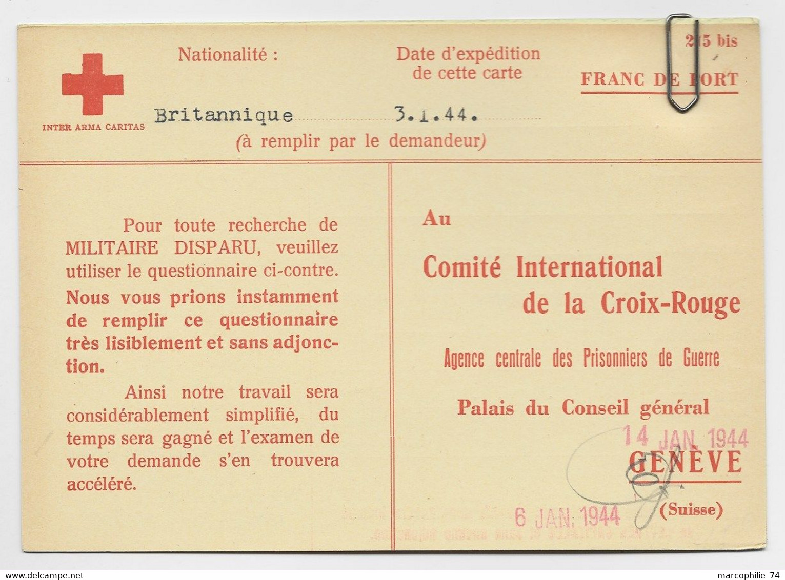 ENGLAND CARD RECHERCHE MILITAIRE DISPARU RED CROSS BRITANNIQUE 3.1.1944 TO CICR GENEVE MISSING MALAYA - Other & Unclassified