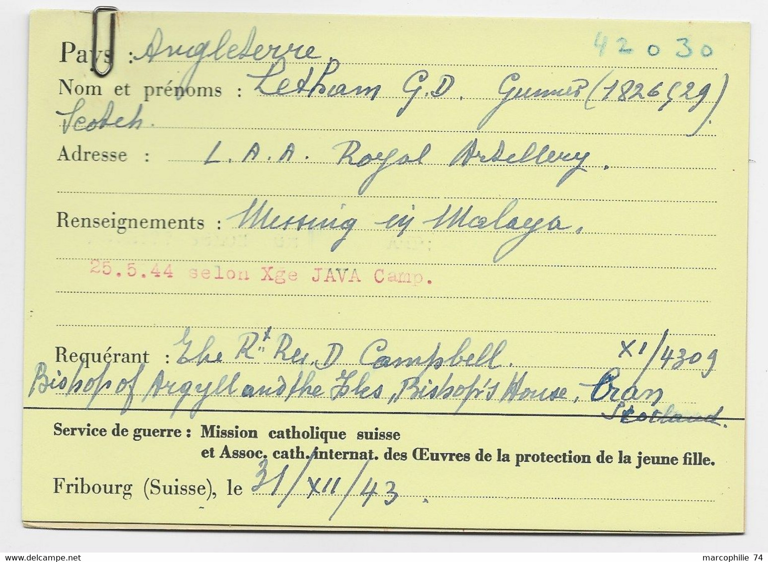 ENGLAND CARD RECHERCHE MILITAIRE DISPARU RED CROSS BRITANNIQUE 3.1.1944 TO CICR GENEVE MISSING MALAYA - Andere & Zonder Classificatie