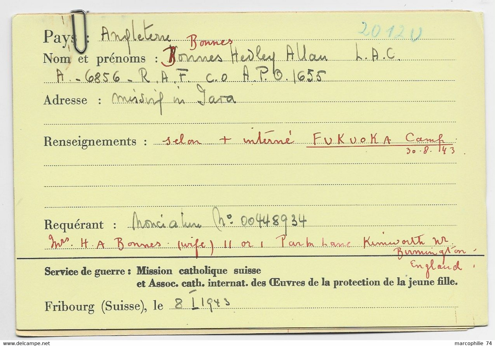 ENGLAND CARD RECHERCHE MILITAIRE DISPARU RED CROSS ANGLAISE 8.1.1943  TO CICR GENEVE MISSING JAVA INTERNE CAMP FUKUOKA - Autres & Non Classés