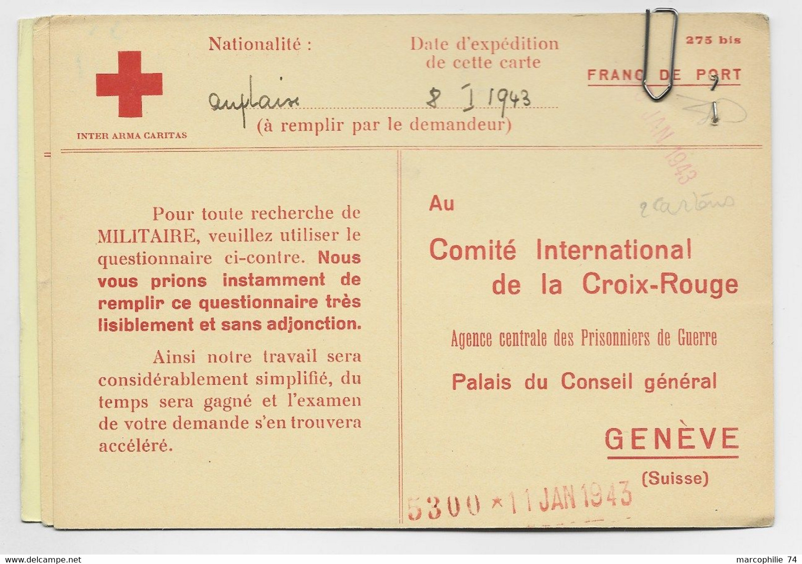 ENGLAND CARD RECHERCHE MILITAIRE DISPARU RED CROSS ANGLAISE 8.1.1943  TO CICR GENEVE MISSING JAVA INTERNE CAMP FUKUOKA - Sonstige & Ohne Zuordnung