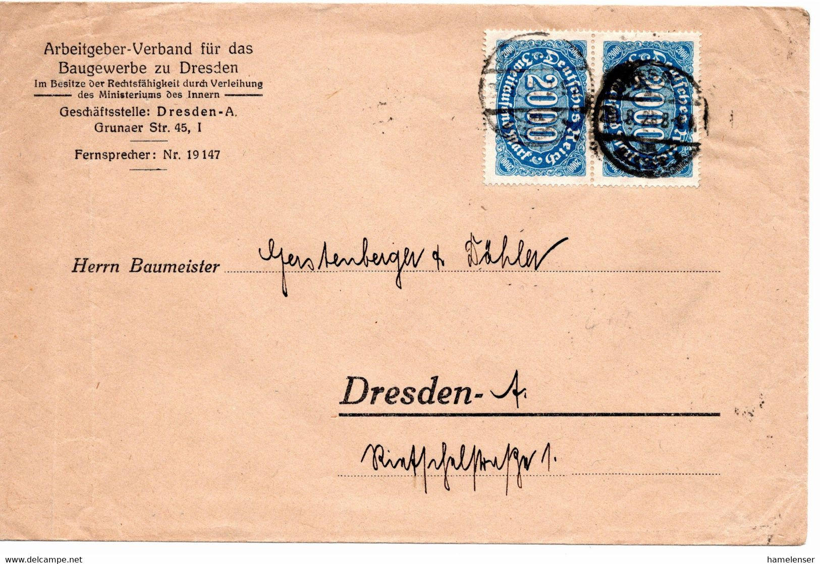 54654 - Deutsches Reich - 1923 - 2@2000M Ziffer A OrtsBf DRESDEN - Briefe U. Dokumente