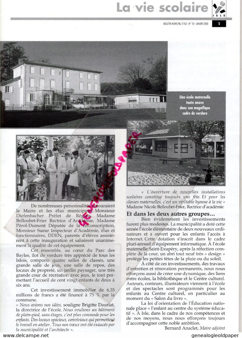 87 -ISLE -BULLETIN MUNICIPAL N° 10- JANVIER 2000- MARCEL FAUCHER MAIRE-MARGERIT-MAS L' AURENCE-RUGBY-TENNIS-CENTRE AERE - Historical Documents