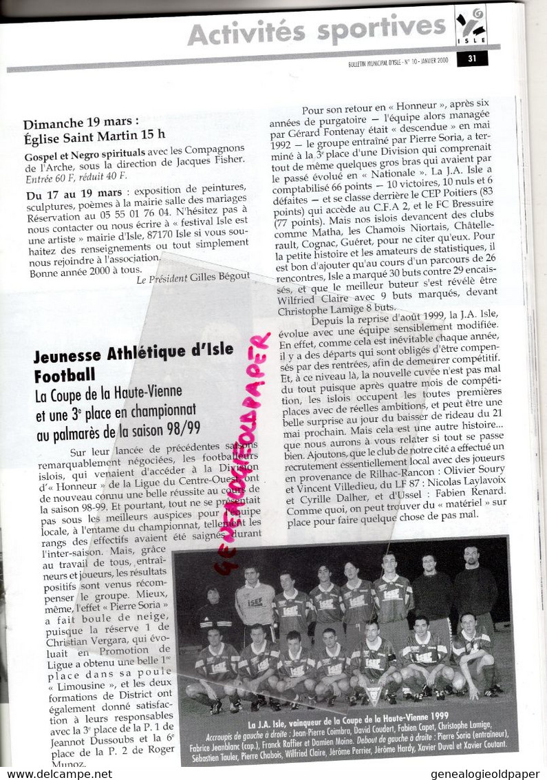 87 -ISLE -BULLETIN MUNICIPAL N° 10- JANVIER 2000- MARCEL FAUCHER MAIRE-MARGERIT-MAS L' AURENCE-RUGBY-TENNIS-CENTRE AERE