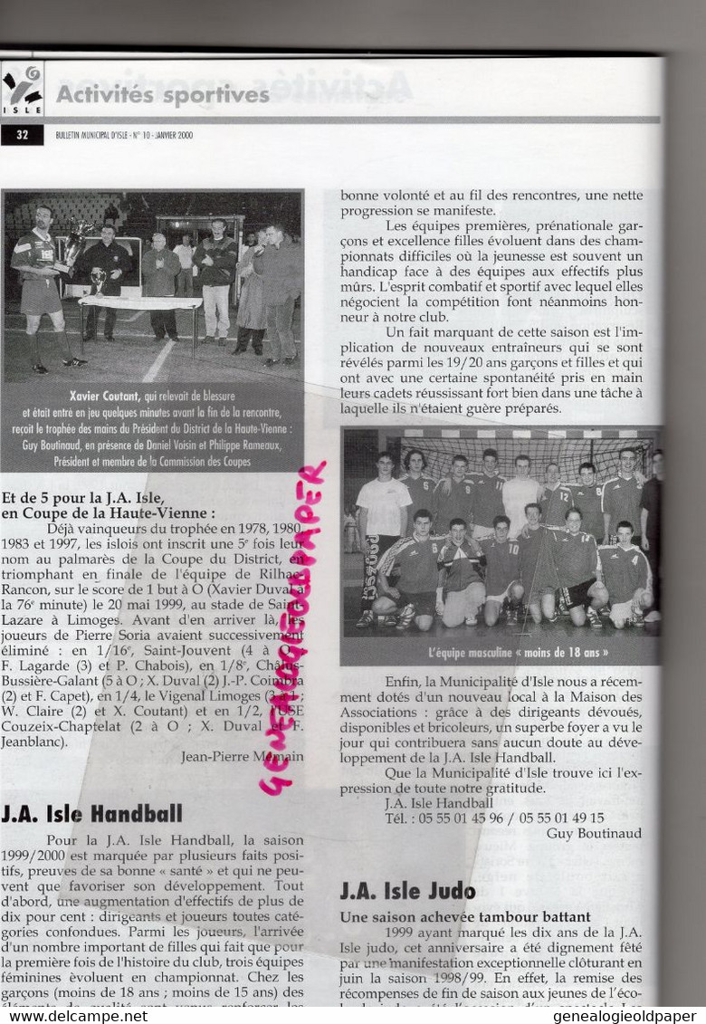 87 -ISLE -BULLETIN MUNICIPAL N° 10- JANVIER 2000- MARCEL FAUCHER MAIRE-MARGERIT-MAS L' AURENCE-RUGBY-TENNIS-CENTRE AERE