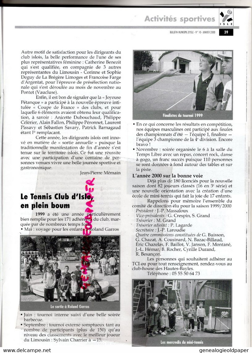 87 -ISLE -BULLETIN MUNICIPAL N° 10- JANVIER 2000- MARCEL FAUCHER MAIRE-MARGERIT-MAS L' AURENCE-RUGBY-TENNIS-CENTRE AERE