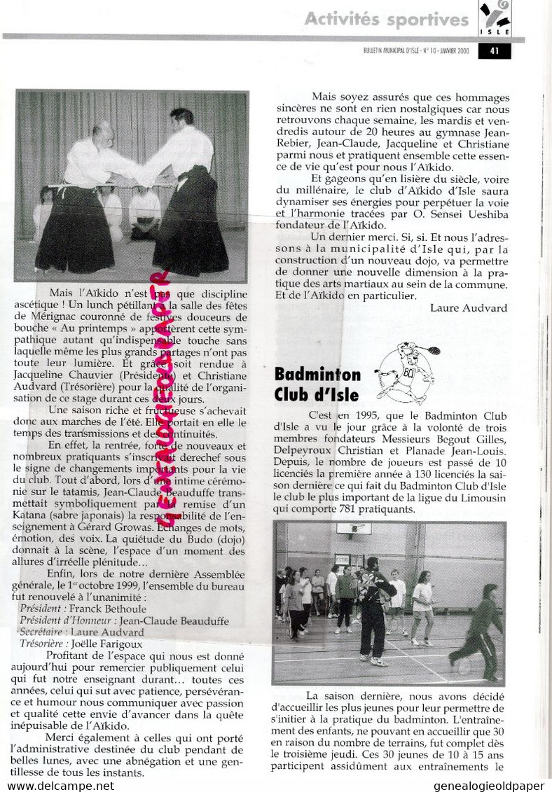 87 -ISLE -BULLETIN MUNICIPAL N° 10- JANVIER 2000- MARCEL FAUCHER MAIRE-MARGERIT-MAS L' AURENCE-RUGBY-TENNIS-CENTRE AERE