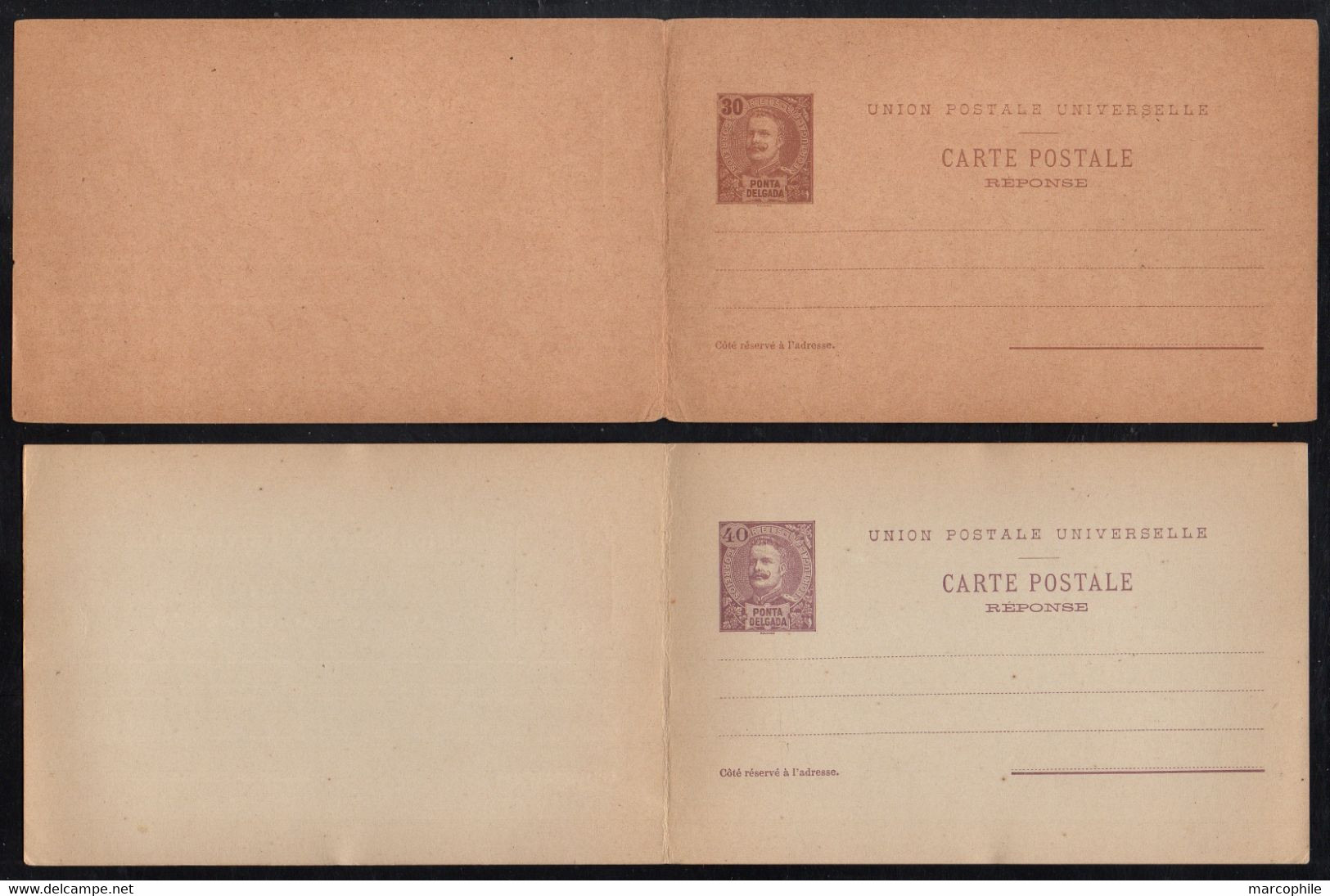 PORTUGAL - PONTA DELGADA - AZORES / 1896 - 2 ENTIERS POSTAUX DOUBLES - REPONSE PAYEE / STATIONERY - INTERO (ref 4822) - Ponta Delgada