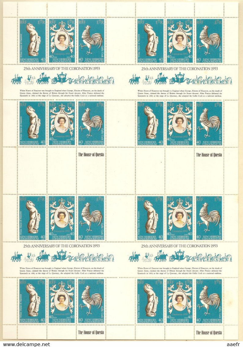 Nouvelles-Hébrides 1978 - Elizabeth II, 25 Th  Anniv. Of The Coronation -  Feuille Complète MNH 8 X 540A - Légende Angla - Blocchi & Foglietti