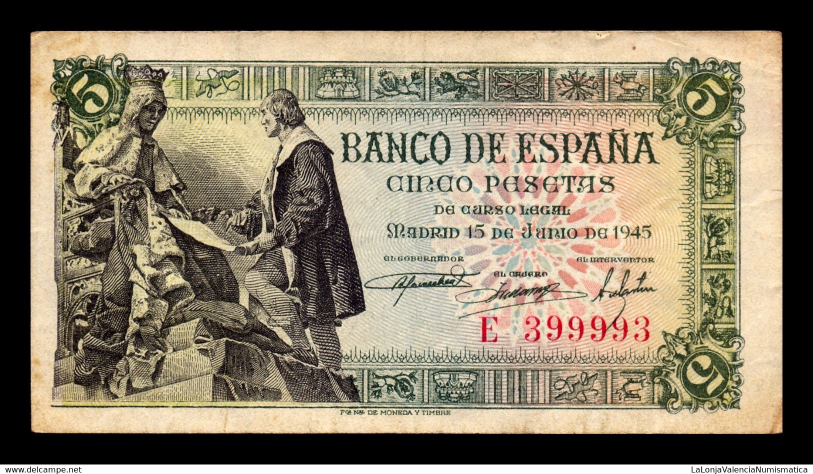 España Spain 5 Pesetas Capitulaciones 1945 Pick 129 Serie E Capicua MBC/+ VF/+ - 5 Peseten