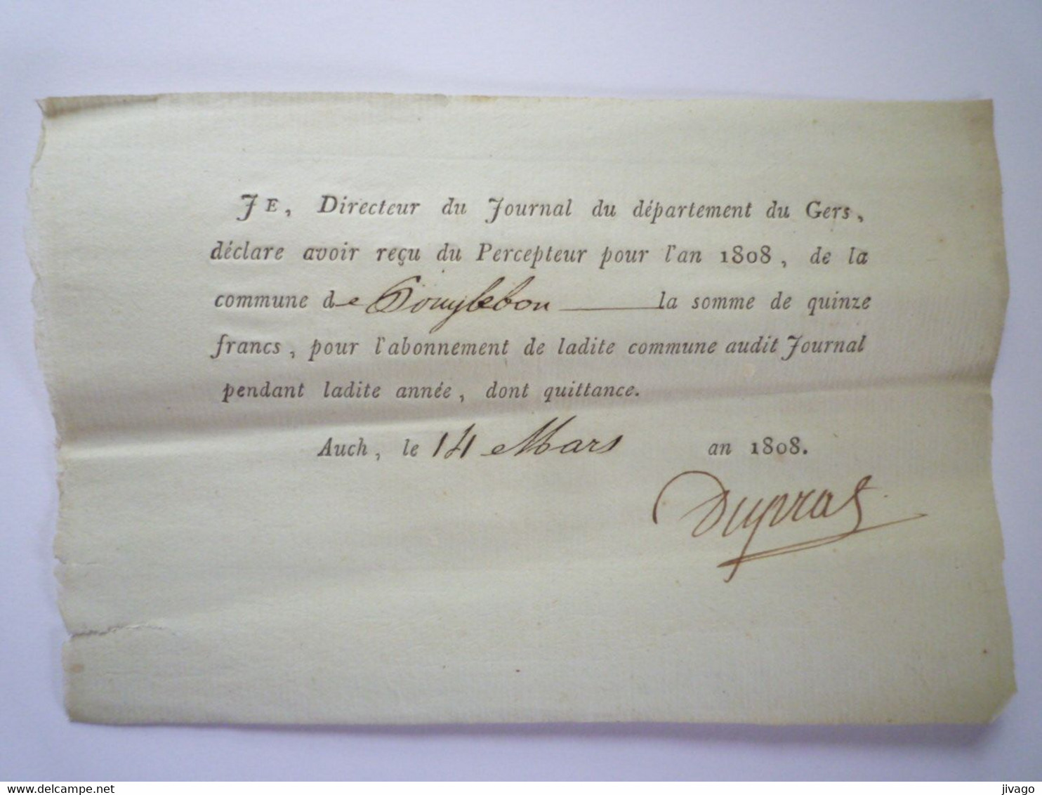 2022 - 3812  AUCH  (Gers) 1808  :  Journal Du Département Du Gers  -  Reçu De La Commune De POUYLEBON   XXX - Non Classés