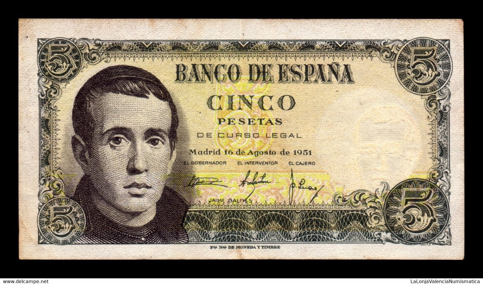 España Spain 5 Pesetas Jaime Balmes 1951 Pick 140 Serie G Capicua MBC/+ VF/+ - 5 Peseten