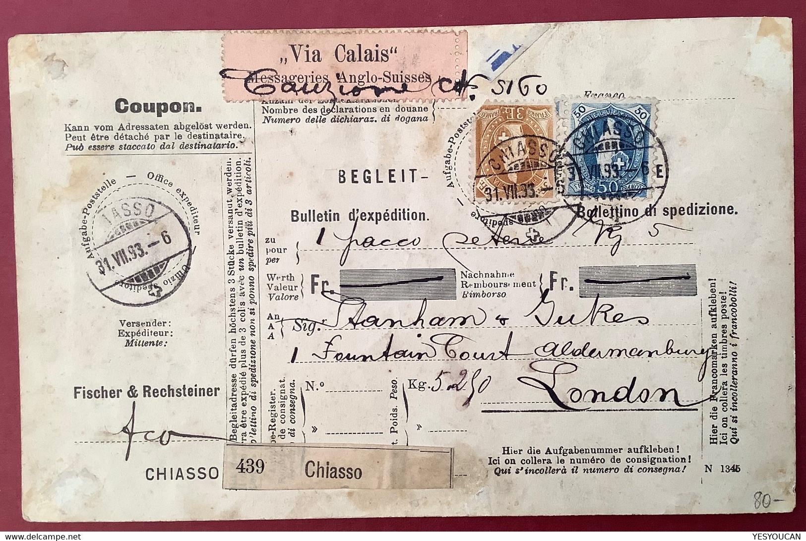 RR ! 1893 "VIA CALAIS MESSAGERIES ANGLO-SUISSE" Zettel Paketkarte CHIASSO TICINO>GB (parcel Card Schweiz Colis Postal - Storia Postale