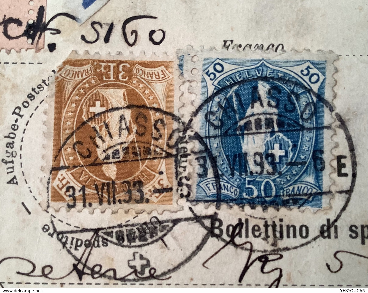 RR ! 1893 "VIA CALAIS MESSAGERIES ANGLO-SUISSE" Zettel Paketkarte CHIASSO TICINO>GB (parcel Card Schweiz Colis Postal - Briefe U. Dokumente