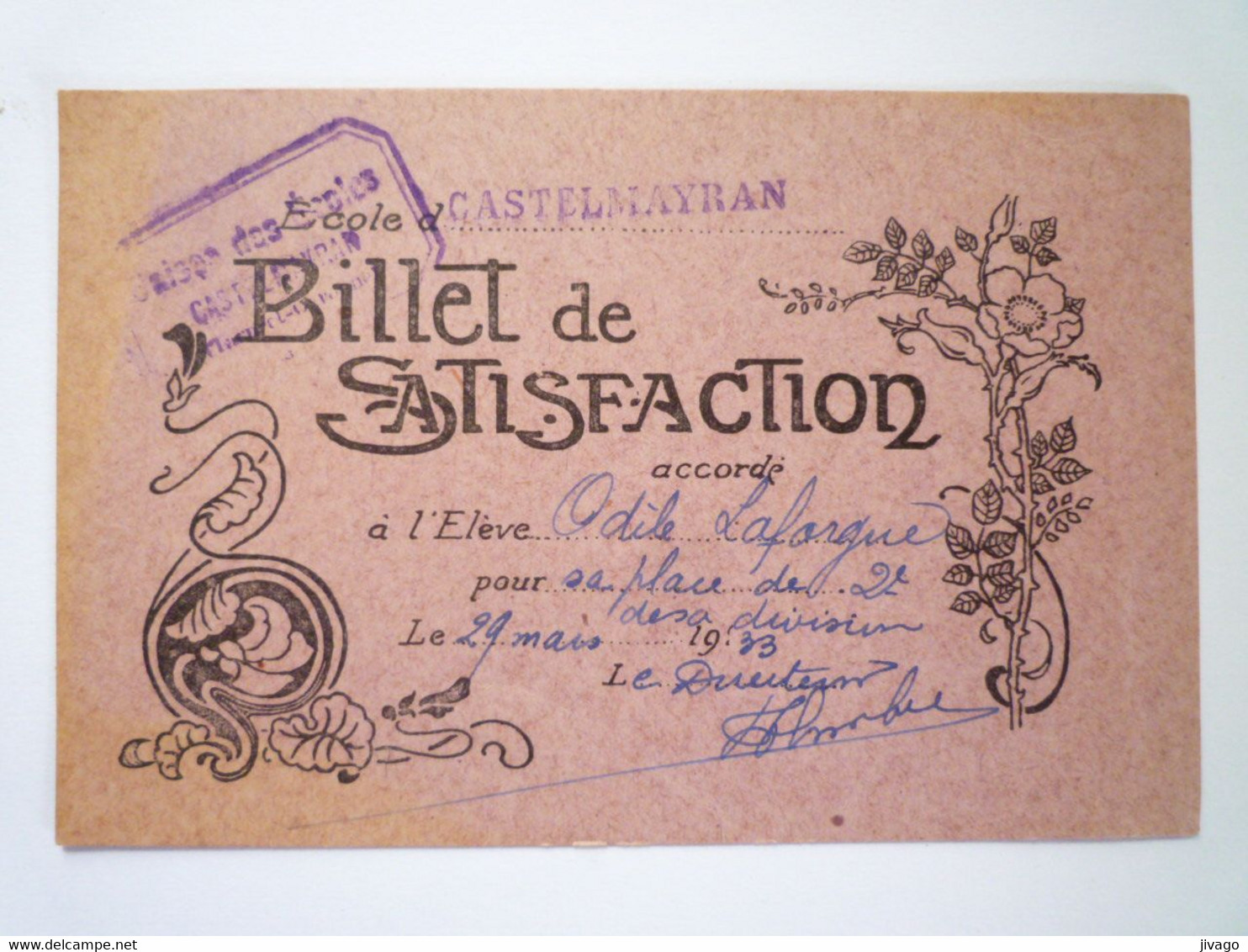 2022 - 3834  ECOLE De CASTELMAYRAN  (82)  :  BILLET De SATISFACTION  1933    XXX - Non Classés