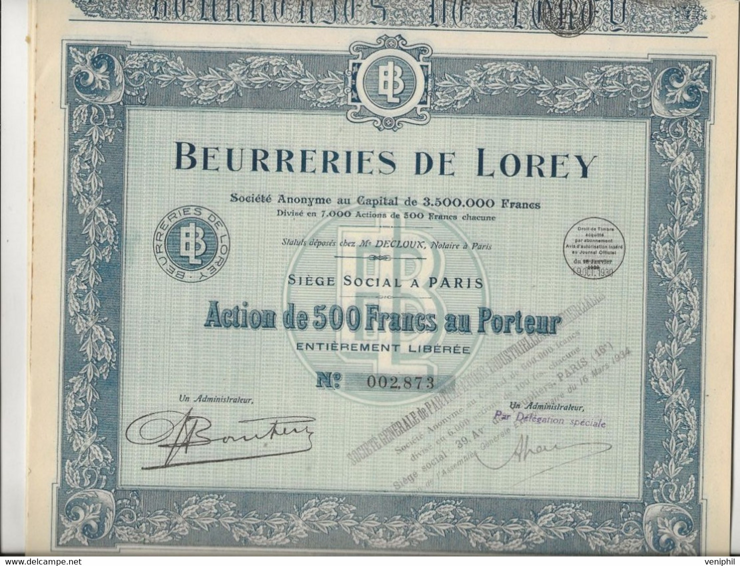 BEURRERIES  DE LOREY - LOT DE 10 ACTIONS DE 500 FRS - ANNEE 1930 - TTB - Landwirtschaft