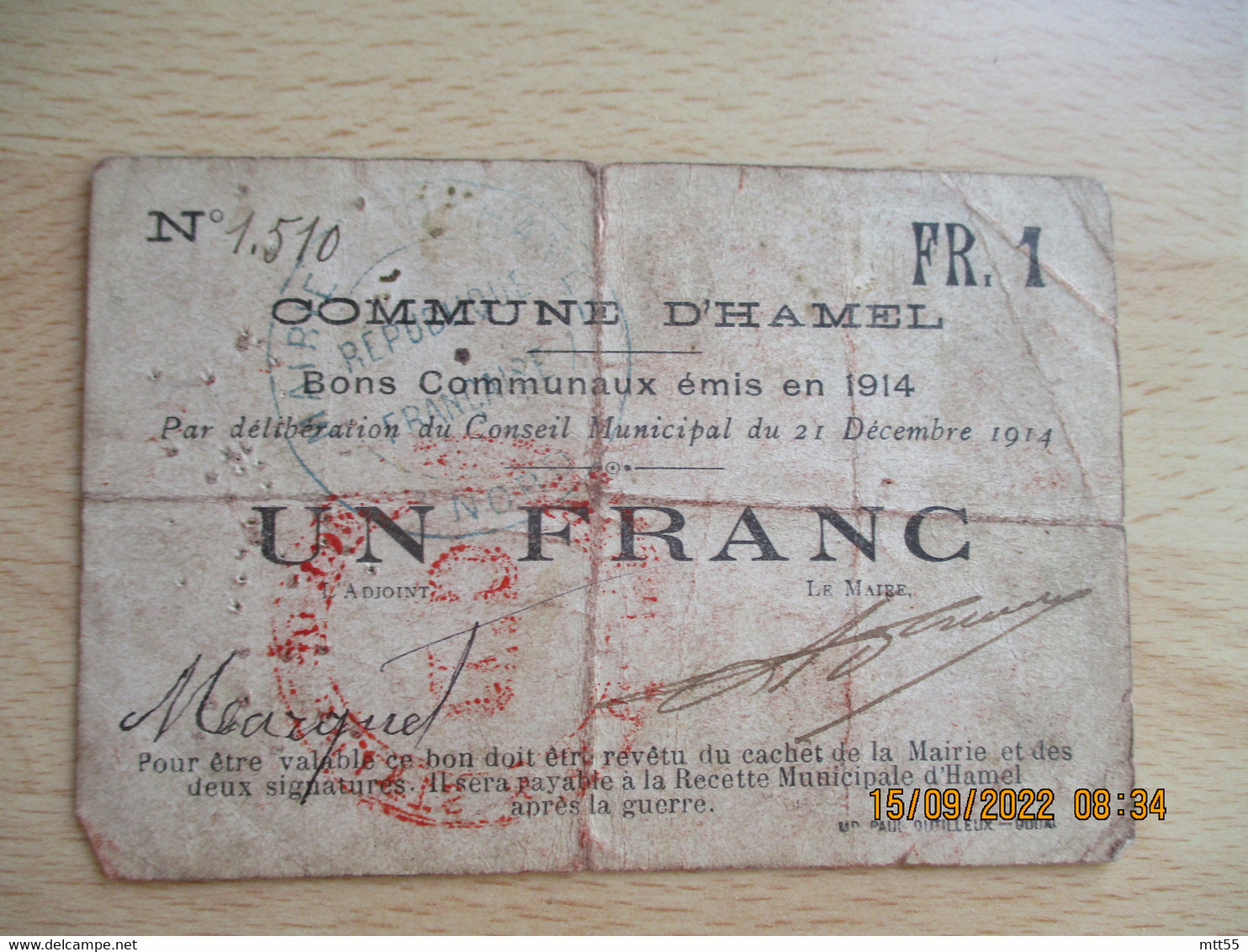 Ville De  Hamel   Billet Bon Necessite 1 Fr - Notgeld