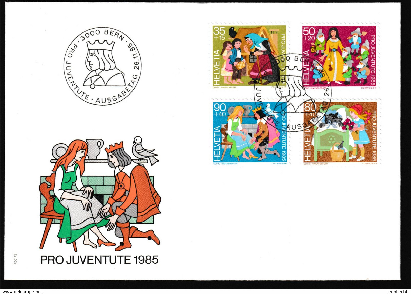 1985 Schweiz. FDC Mi: J 1304-1307°/Zum: J 294-297°, 3000 BERN Ausgabetag 26.11.85. Pro Juventute, Aschenputtel - Contes, Fables & Légendes